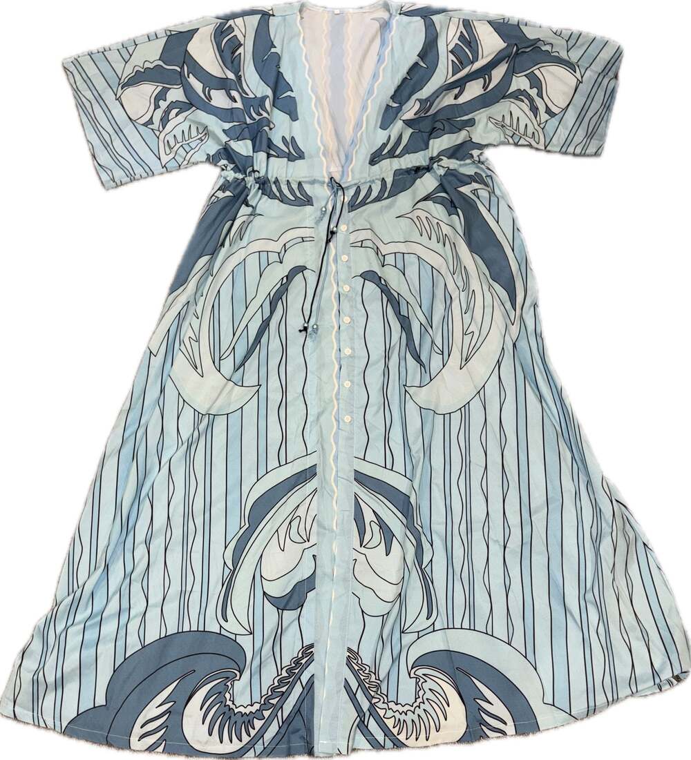 Boutique Blue Printed Kimono Maxi Dress with Drawstring Waist